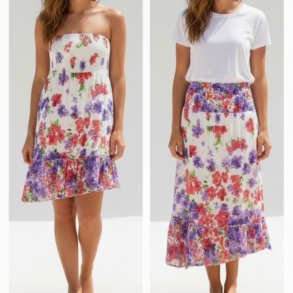 LANE BRYANT 2Way Smocked Floral Ruffle Tube Top Dress / Midi Skirt White 18 20